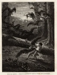 Job (compañero de viaje del redactor), atacado por buitres. Grabado para ilustrar la historia Cuatro meses en Florida, por M. Pousselgue, en 1851-1852, publicado en "le tour du monde", bajo la dirección de Edouard Charton, Hachette, París 1869. Selva