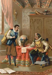 Johannes Kepler (Keppler) (1571 - 1630) con Tycho Brahe (1546-1601), astrónomos, Praga en 1600 - después de La Ciencia y sus Hombres de Louis Figuier, Barcelona 1881