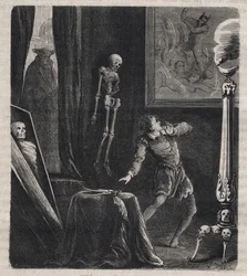 John Châtel (Chastel) (1575-1594), encerrado por los jesuitas en la cámara de meditaciones - antes de su intento de asesinato del rey Enrique IV de Francia el 27 de diciembre de 1594. Grabado de 1879 en «Histoire des sociétés secrètes, politiques et