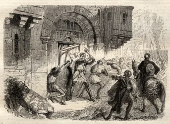 Juan II Comneno, emperador bizantino - El emperador Juan II Comneno (1087-1143) a la cabeza de los griegos conduciendo la puerta de su Palacio en Constantinopla - grabado en "Diccionario popular ilustrado" - 1864 - por Joseph Decembre y Edmond Allonier -
