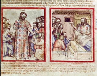 José gravemente enfermo a los 110 años perdona a sus hermanos que se postran ante él. Miniatura del códice 212 (o códice padovano o Biblia de Padua) 1390-1400 Rovigo, Accademia dei Concordi