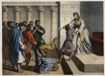 José el Patriarca, nombrado Visir de Egipto, es reconocido por sus hermanos que le hicieron creer en su muerte y piden perdón. Grabado anónimo del siglo XIX.