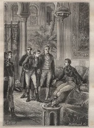 Viaje (1798) de Frederic Conrad (Konrad) Hornemann (1772-1801) a Fezzan (Libia): Hornemann es recibido por Bonaparte en El Cairo (Egipto) - ilustración de “Los Grandes Marineros del siglo XVIII”