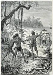 Viaje del Capitán James Cook (1728-1779) a Nueva Guinea: el primer encuentro con los nativos, ilustración tomada de “Los Grandes Marineros del siglo XVIII”