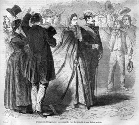Viaje del emperador Napoleón III (1808-1873) y su esposa Eugenia de Montijo (1826-1920) al Ducado de Saboya tras la anexión del Condado de Saboya (Tratado de Turín de marzo): aquí la pareja imperial pasea por las calles de Grenoble. Grabado de