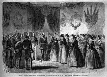 Viaje del Emperador Napoleón III (1808-1873) y su esposa Eugenia de Montijo (1826-1920) al Ducado de Saboya tras la anexión del Condado de Saboya (Tratado de Turín de marzo): aquí la pareja imperial visitando Arles se encuentra con jóvenes de la región. En