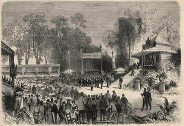 Viaje de Napoleón III (1808-1883) y la emperatriz Eugenia de Montijo (1826-1920) a Ruan: distribución de premios en el concurso agrícola. Grabado en "El Universo Ilustre".