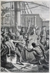 Viaje de Samuel Wallis (1728-1795) a Polinesia: indígenas asombrados por un espejo - ilustración tomada de “Los grandes marineros del siglo XVIII”