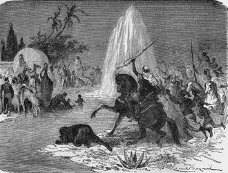 Alegría de los árabes al ver el flujo de agua del pozo artesiano de Sidi-Rached, forjado por los franceses, en el desierto del Sahara. En “Álbum de la Ciencia”, Ediciones Jouvet