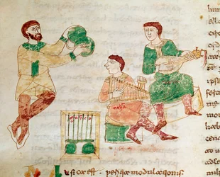 Malabarista y músicos de la corte (miniatura, siglo IX)