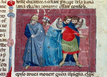 Julio César (101-44 a.C.) en el trono Detalle de una página de manuscrito “Hechos de los Romanos” (Ms 1538, fol 1v) alrededor de 1340