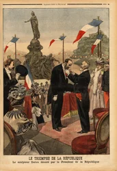 Jules Dalou (1838-1902) escultor, condecorado con la legión de honor por el Presidente de la República Emile Loubet (1838-1929), con motivo de la inauguración de la estatua "El triunfo de la república" en la Place de la Nation en París. Grabado en