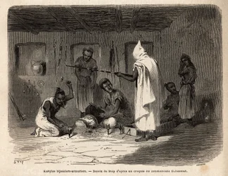 Artesanos kabyle reputados por su habilidad en la fabricación de joyas y armas (y anteriormente en moneda falsa) en la región de Djura (Argelia). Grabado para ilustrar la excursión a la gran Kabilia, entre el Mediterráneo y el Djurjura, en 1864, por el