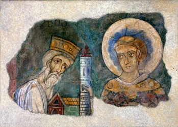 El rey Bozon ofreciendo la abadía de Charlieu a un santo, finales del siglo XII.