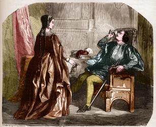 El rey Carlos VI de Francia, conocido como Carlos el Bueno Amado, luego Carlos el Loco (1368-1422) con su amante Odinette (Odette) de Champdivers. Grabado en “La historia de la prostitución y la depravación entre todos los pueblos del mundo desde la Antigü