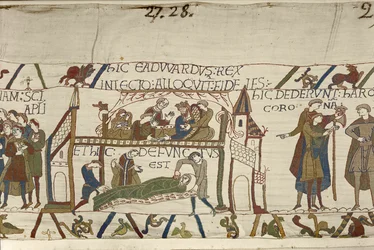 El rey Eduardo el Confesor en su lecho de muerte, Tapiz de Bayeux (bordado de lana sobre lino)