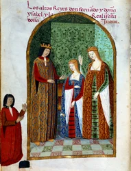 Rey Fernando II, Rey de Aragón y Sicilia (1452 - 1516), Juana, Reina de Castilla (1479 - 1555) e Isabel I de Castilla (conocida como la Católica), Reina de España (1451 - 1504). Miniatura en “Devocionario de la Reyna Da Juana a Quien Llamaron la Loca”