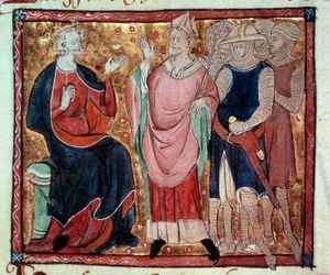 El rey Enrique II de Inglaterra (1133-1189) recibiendo a un obispo y soldados. Miniatura de un manuscrito del siglo XV