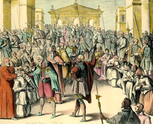 El rey Enrique IV toca la frente de una persona enferma (grabado de un boceto de André du Laurens)