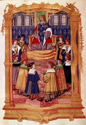 El rey Luis XI (1423-1483) y los Caballeros de la Orden de San Miguel. Miniatura del manuscrito 