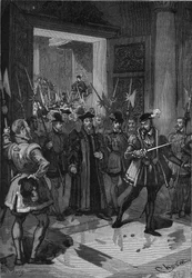 Rey de Francia Enrique II (1519-1559), en el centro, ordenando a su condestable que arreste a los consejeros. Grabado del siglo XIX. En “Historia de Francia” por Jules Michelet