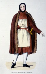 Caballero de la Orden de Calatrava. Un grupo de religiosos y caballeros defendieron la ciudad de Calatrava en España contra los castellanos en 1145 y 1158. La orden se unió a la Corona de España en 1523 con el rey como gran maestre. Grabado del siglo XIX.