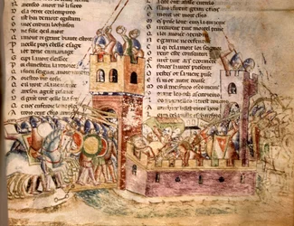 Caballeros asaltando un castillo. Manuscrito del siglo XII. Bibl. Marciana Venecia.
