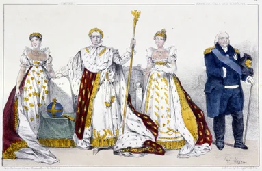 El Imperio y los Borbones: Josefina de Beauharnais (1763-1814) y Napoleón I Bonaparte (1769-1821), María Josefina de Saboya (1753-1810) y Luis XVIII llamado El Deseado (1755-1824) - Placa extraída de Reyes y Reinas de Francia en estampas, París, ed. Swift