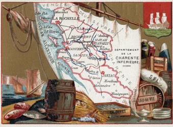 La Charente Inferieure, Poitou Charentes, Francia. Vino, brandy, sardinas, sal, azafrán, pescado seco, c.1920