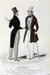 La Moda del 26 de julio de 1834: (moda masculina) traje de hoja - pantalones de casimir - redingote con cuello de terciopelo - chaleco de piqué - pantalones de piel de topo y sombrero de copa