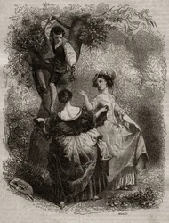 La recolección de cerezas - Ilustración para "Las confesiones" de Jean-Jacques Rousseau (1712-1778) - grabado de 1849