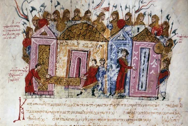 La guardia armada varega (vikingos daneses y suecos, que viajaron por toda la red fluvial de los territorios del este y construyeron fuertes, hasta el mar Caspio, sentando así las bases de lo que se convertiría en el estado ruso) Miniatura