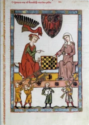 La partida de ajedrez, Dos jóvenes jugando al ajedrez, rodeados de músicos - Miniatura extraída de un manuscrito del siglo XV