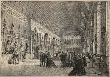 La sala de armas del castillo de Pierrefonds - restitución por Viollet-Leduc - grabado de 1880