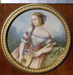 La actriz rusa Varvara Asenkova (1817-1841), en el papel de Esmeralda tomado de ""Notre Dame de Paris"" de Victor Hugo (1802-1885). (La actriz rusa Varvara Asenkova como Esmeralda). Obra anónima, acuarela sobre papel