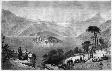 Lago Orta (Lago Cusio) (en el medio de la isla de San Giulio (San Julio) en la provincia de Novara en Italia. Grabado de 1865