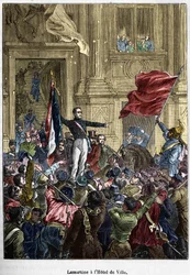 Lamartine (1790 - 1869), rechazando la bandera roja por la bandera tricolor, en el Ayuntamiento. París, 26 de febrero de 1848. Colección Bianchetti.