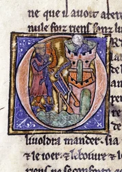 Lancelot en la cima de una torre. Manuscrito: Conquista del Santo Grial, escrito 717 años después de la pasión de nuestro señor. Biblioteca municipal de Rennes, ms. 255 (Colección de novelas de la Mesa Redonda); París