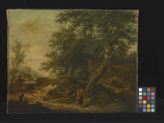Paisaje con cabaña y viajeros (óleo sobre lienzo)