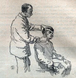 La antropometría judicial o bertillonaje, método de Alphonse Bertillon (1853-1914): medida de la oreja - Grabado en "La Science française"