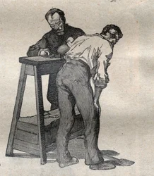 La antropometría judicial o bertillonaje, método de Alphonse Bertillon: medida del codo (Grabado en 