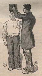 La antropometría judicial o bertillonaje, método de Alphonse Bertillon: medida de la talla - Grabado en “La Ciencia francesa”