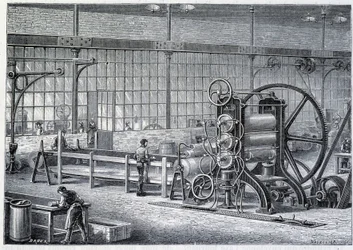 Gran laminador para reducir bloques de caucho purificado en láminas - en “Las maravillas de la industria” de Louis Figuier
