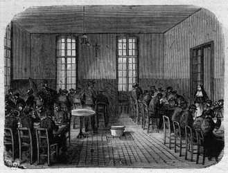 El asilo Sainte Anne (Sainte-Anne) en París: el refectorio - Grabado en "Le Journal Illustré"