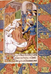 El asesinato de santo Tomás Becket (1118-1170), prelado y político inglés. Miniatura del siglo XIV. Victoria and Albert Library, Londres.