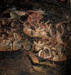 Juicio final: los condenados al Inframundo atormentados por criaturas demoníacas. Detalle de un fresco 1474-1484. Catedral de Santa Cecilia en Albi.