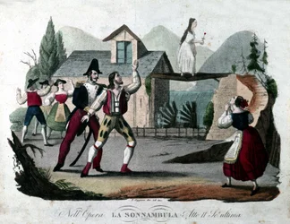 Última escena del Acto II de “La sonnambula” de Vincenzo Bellini. Grabado de 1835