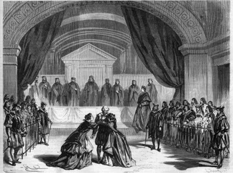 Última escena de la obra de teatro "Galileo", un drama en tres actos de François Ponsard, poeta y dramaturgo francés (1814-1867) en el teatro de la comedia francesa en París. Grabado en "El Universo Ilustre"