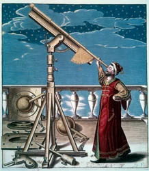 El astrónomo: un hombre observa las estrellas con el telescopio - Grabado del siglo XVII - París, B.N.
