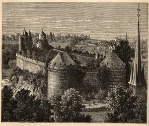 Le Château a Fougères - Bretaña - Francia - grabado en “PATRIE” - DESCRIPCIÓN PICTÓRICA DE FRANCIA EN 6 VOLÚMENES POR LUCIEN HUARD - finales del siglo XIX